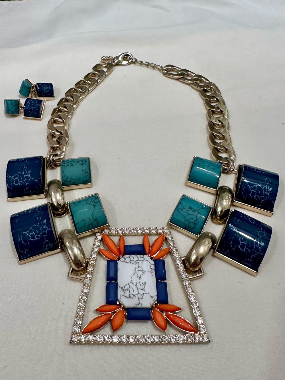 Statement Blue & Turquoise Stone Collar Necklace with Orange Accents